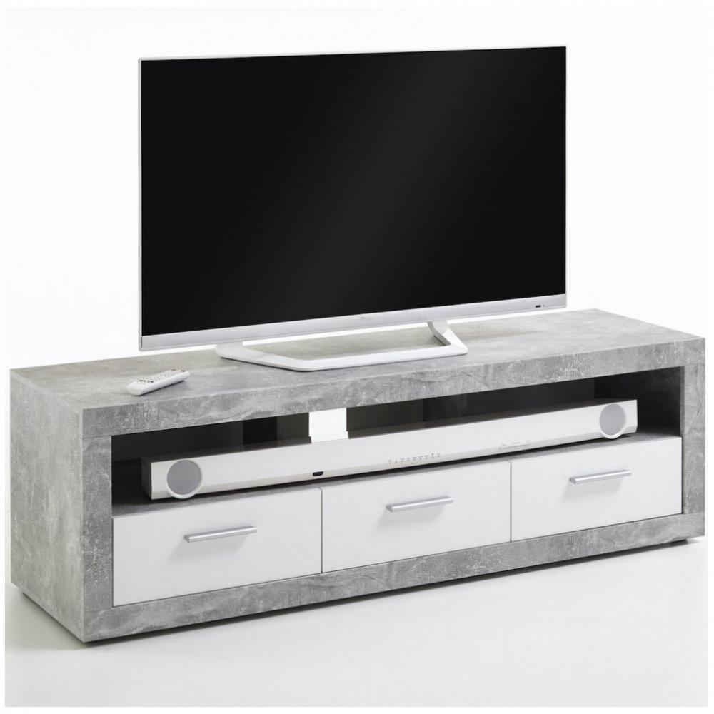Meuble TV TOULON coloris gris béton et blanc brillant 3 tiroirs 1 plateau 